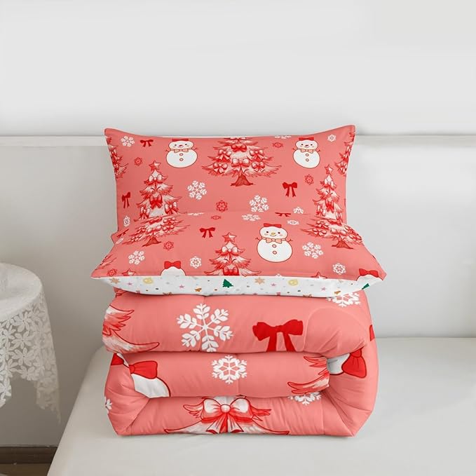 Feelyou Merry Christmas Kids Comforter Set Queen Size Cute Snowman Bedding Set Cartoon Bowknot Duvet Quilt for Kids Boys Girls Bedroom Christmas Tree Decor Microfiber Ultra Soft Breathable