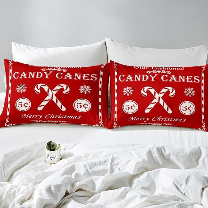 jejeloiu Christmas Bedding Set for Kids Boys Girls Christmas Quote Comforter Cover Set King Size Candy Canes Print Duvet Cover Bedroom Decor Xmas Red Bedspread Cover Bedding Collection 3Pcs