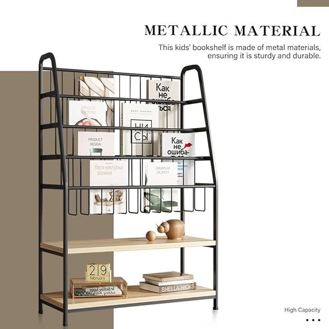 Metal Kids Bookshelf and Toy Storage Organizer,6 Tier Childrens Bookcase,Magazine Rack Floor, Book Shelf for Kids Rooms Classroom Nursery Living Room Office (Black, L:23.62")
