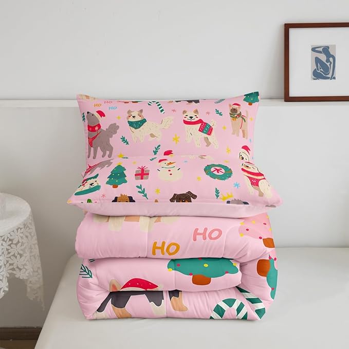Erosebridal Cute Dog Comforter Set Queen Size Puppy Dog Cartoon Xmas Bedding Set Christmas Tree Quilts for Kids Boys Girls Bedroom Decor Snowman Duvet Insert with 2 Pillow Cases