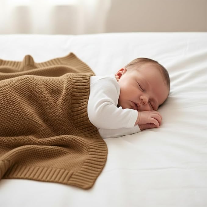 Baby Knit Blanket Soft Cotton Lightweight Newborn Blanket for Crib Stroller Toddler Nursery Shower Gift Cozy Breathable Travel Swaddle Wrap Mocha 30 x 30 Inches