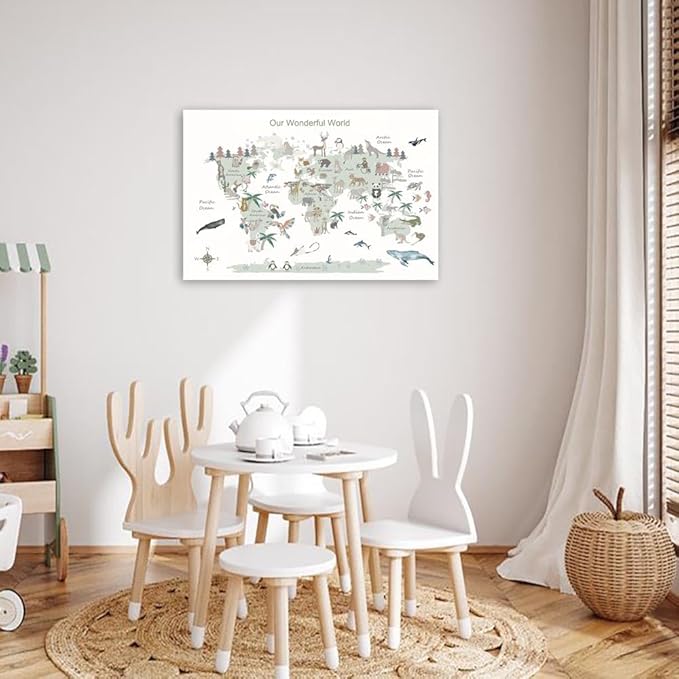 Educational Posters for Toddlers 1-3, Toddler Learning Poster for Kids Ages 3-5, World Map Canvas Print Nursery Preschool Homeschool Kindergarten Classroom Decor 16x24 Inch Unframed C