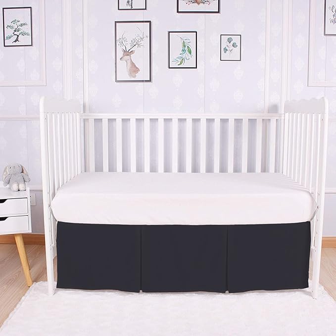Box Pleated Crib Bed Skirt Premium 100% Cotton 800 Thread Count Nursery Crib Toddler Bedding Crib Bedskirt for Baby Boys or Baby Girls, (28" x 52") + 14" Drop Lenght - Black Solid