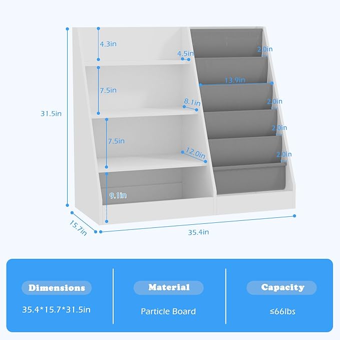 4 Tier Kids Wooden Bookshelf, 5 Layer Sling Toddler Bookcase,Baby Storage Book Rack,Book and Toy Organizer Cabinet,Children Book Display,Playroom Nursery Classroom Kid Room