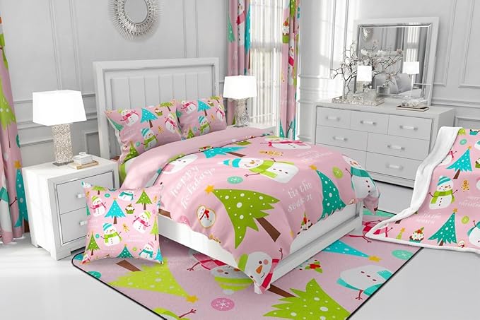 Erosebridal Merry Christmas Comforter Set for Kids, Pink Xmas Decor Bedding Set King Size, Cartoon Snowman Quilts Christmas Tree Down Comforter for Girls Boys Teens Bedroom Decor