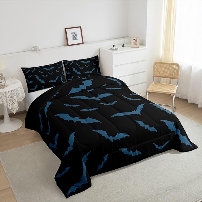 Erosebridal Halloween Decor Bedding Set for Kids Boys Youth Turquoise Bats Comforter Set Queen Size Gothic Spooky Quilt Happy Holiday Style Duvet Insert with 2 Pillow Cases,Black