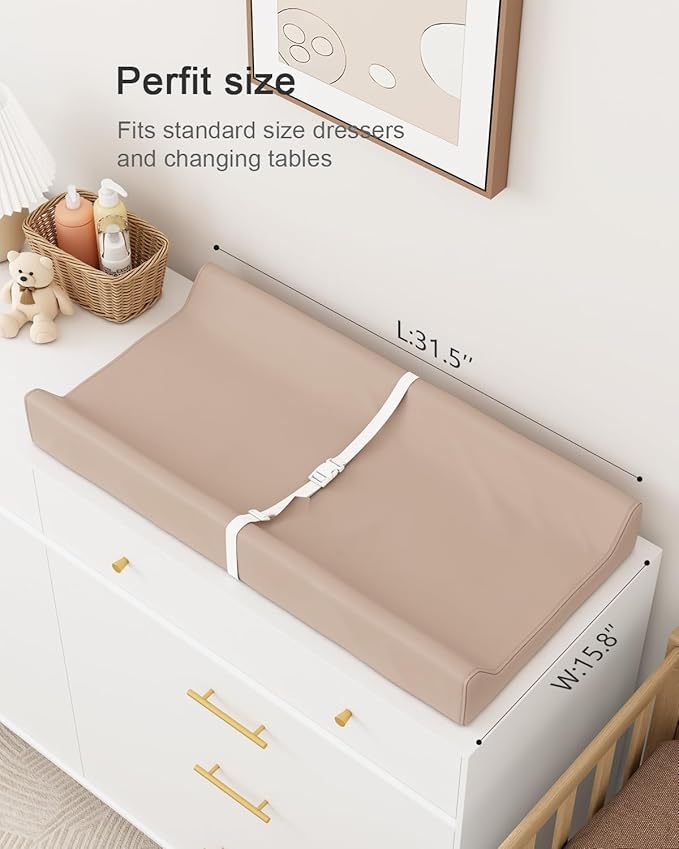 YACODAVO Wipeable Baby Changing Pad for Dresser and Table, Cozy Diaper Changing Pad with Waterproof & Wipe-Clean Leather Cover, Light Brown