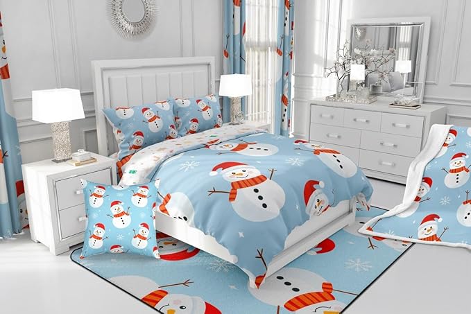 Feelyou Merry Christmas Bedding Set Soft for Boys Girls, Snowman Comforter Set King Size Snowflake Duvet Quilt Microfiber Bedroom Decor 3 Pcs with 2 Pillow Cases