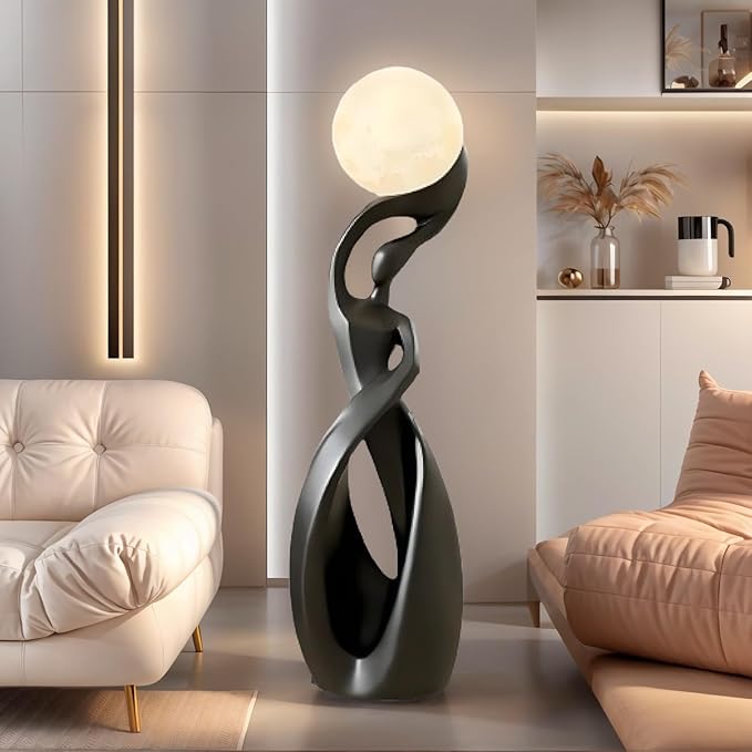 Bofea-Unique Moon Floor Lamp for Living Room,Modern Black Standing Lamps with 3D Printing Frosted Shade,Corner Art Deco Lamp,Creative Resin Tall Floor Lights for Living Room Bedroom.