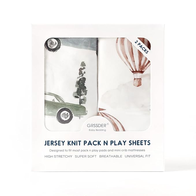 Pack n Play Sheets Fitted 2 Pack, Stretchy Ultra Soft Jersey Knit Pack and Play Sheets, Universal Fitted Portable/Mini Crib Mattresses Snug and Safe, Stylish Cars Print for Boys and Girls