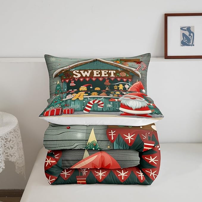 Merry Christmas Kids Comforter Set King Size,Gnome Sweet Candy Xmas Tree Snowflake Winter Bedding Set,Boys Girls Room Decor,Wooden Cabin Rustic Down Comforter,Red Green Duvet Insert,2 Pillowcases