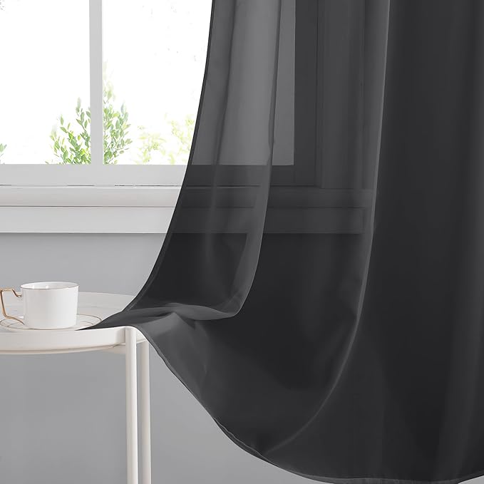 RYB HOME Black Sheer Curtains 90 Inches Long for Living Room, Light Filtering Grommet Top Solid Color Sheer Window Panels, Lightweight Elegant Curtains for Bedroom, Office, W54 x L90, 4 Pieces