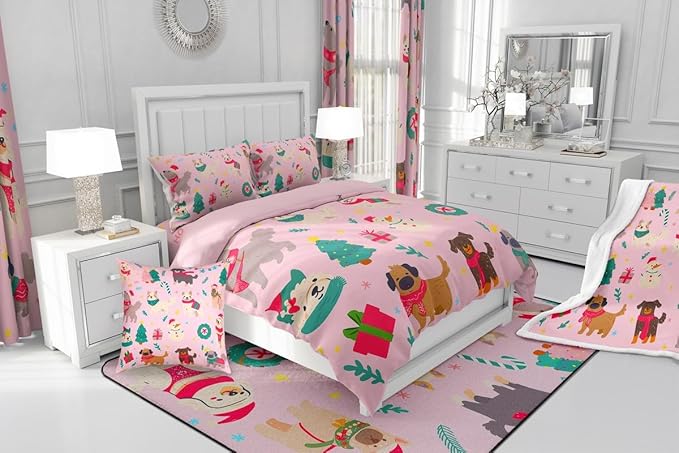 Erosebridal Cute Dog Comforter Set Twin Size Puppy Dog Cartoon Xmas Bedding Set Christmas Tree Quilts for Kids Boys Girls Bedroom Decor Snowman Duvet Insert with 1 Pillow Case