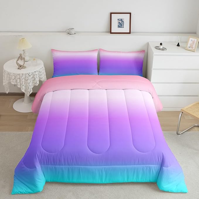 Feelyou Pink Purple Blue Comforter Full Size, Rainbow Ombre Bedding Set Kids Toddler Colorful Gradient Comforter Set for Boys Girls Colorful Duvet Set Durable Bed Set 3Pcs