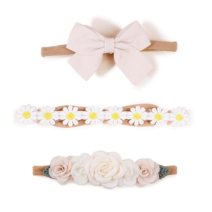 cherrboll Baby Girl Nylon Headbands, 3Pcs Handmade Floral Hair Bows, Stretchy Flower Hairbands for Newborns Infants Toddlers