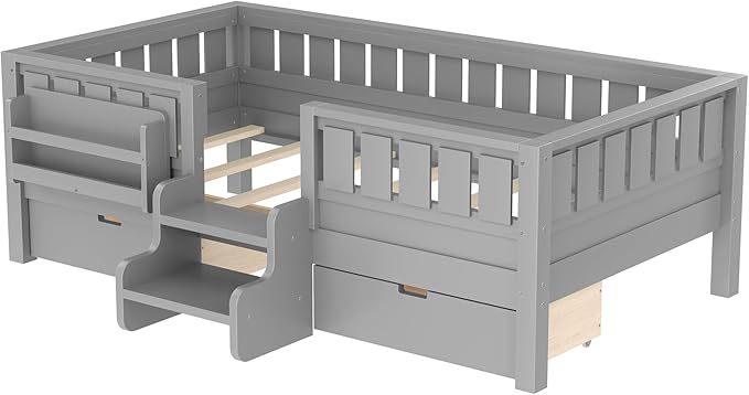 Bellemave Twin Bed with Slats and Stairs, Twin Size Platform Bed Frame with Fence, Bookshelf and Storage Drawers, Easy Assemble Beds for Kids, Girls, Boys, Gray