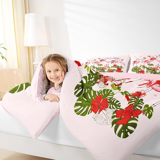 Merry Christmas Kids Comforter Set Toddler Size,Pink Flamingo Cartoon Bird Animal Bedding Set for Girls Room Decor,Winter Snowflake Green Leaves Red Bowknot Quilted Set with 1 Pillowcase
