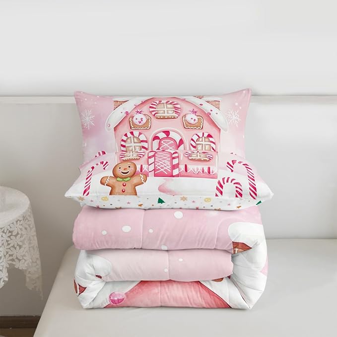 Feelyou Gingerbread Man Comforter Set King Size Gingerbread House Bedding Set for Kids Boys Girls Candy Canes Duvet Quilt Pink Christmas Scheme Bedroom Decor Snowflake 3 Pcs with 2 Pillow Cases