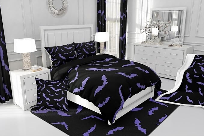 Erosebridal Happy Halloween Comforter Set with 2 Pillow Cases Dark Purple Gothic Bats Quilt King Size for Kids Boys Black Spooky Cartoon Gothic Bedding Set