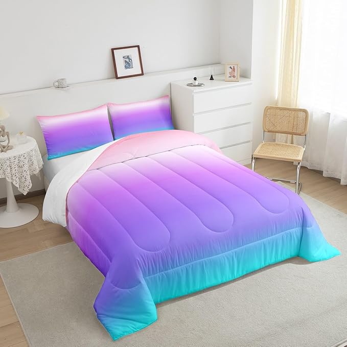Feelyou Pink Purple Blue Comforter Full Size, Rainbow Ombre Bedding Set Kids Toddler Colorful Gradient Comforter Set for Boys Girls Colorful Duvet Set Durable Bed Set 3Pcs