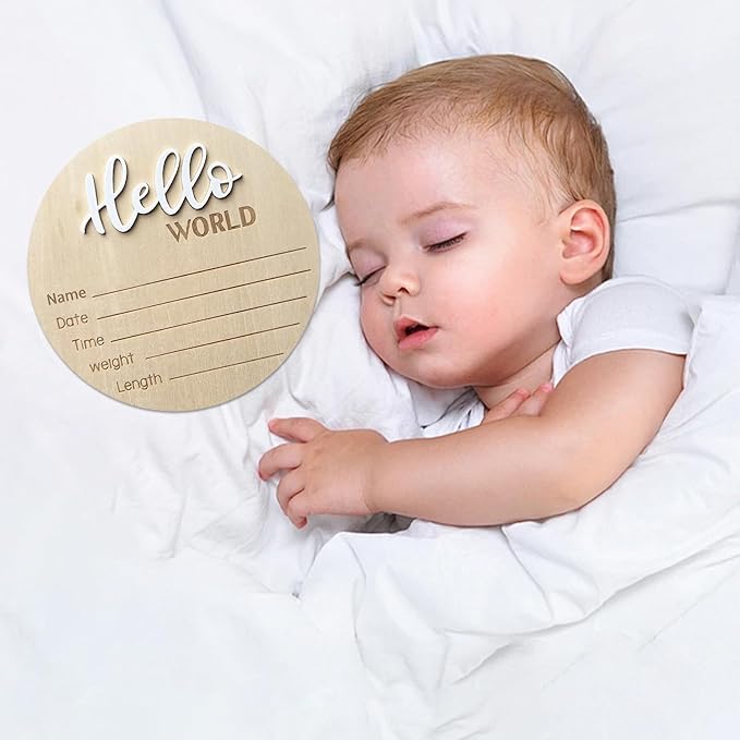 Baby Announcement Sign, 5.9 Inch Wooden Hello World Newborn Signs, Birth Announcement Sign, Baby Shower Hospital Nursery for Newborn Boys and Girls (White)