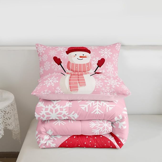 Feelyou Christmas Bedding Set Soft for Boys Girls, Snowman Pink Comforter Set Full Size Xmas Snowflakes Duvet Quilt Microfiber Winter Snow Bedroom Decor 3 Pcs with 2 Pillow Cases