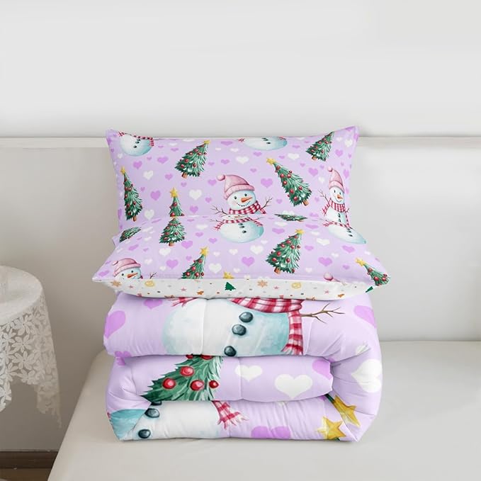 Feelyou Merry Christmas Bedding Set Soft for Boys Girls, Cute Snowman Comforter Set Twin Size Christmas Tree Duvet Quilt Microfiber Love Hearts 2 Pcs with 1 Pillow Cases
