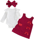 FIOMVA My First Valentines Day Outfit Clothes Baby Girl Romper Love Onesie Heart Embroidery Overalls Suspender Dress Set