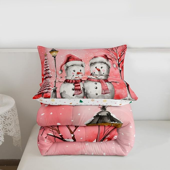 Feelyou Christmas Bedding Set Soft for Boys Girls, Pink Watercolor Snowman Comforter Set King Size Xmas Winter Duvet Quilt Microfiber Snowflake Bedroom Decor 3 Pcs with 2 Pillow Cases