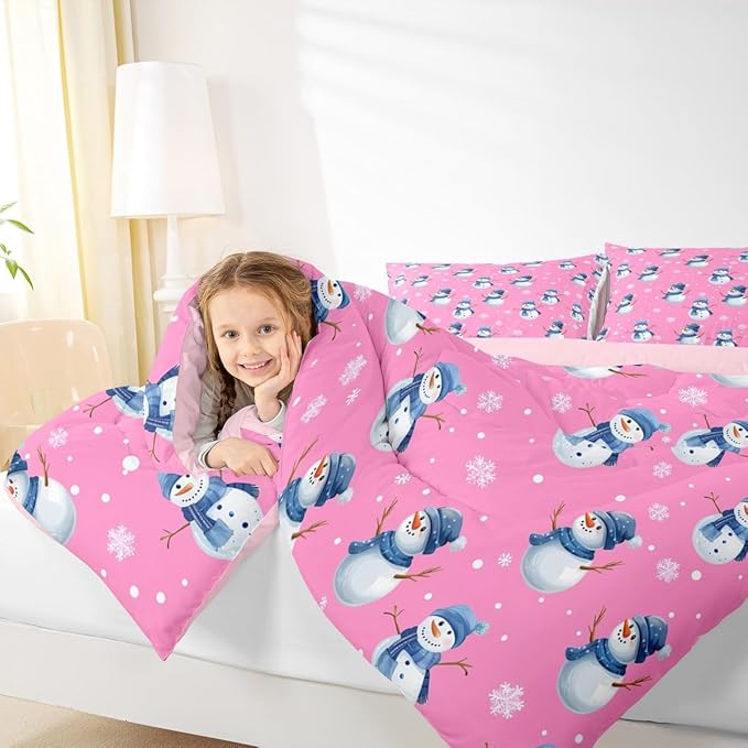 jejeloiu Kids Cute Winter Snowman Comforter Set Toddler Pink Christmas Theme Bedding Set for Boys Girls Teens Xmas Snowflake Happy New Year Duvet Quilt Room Decor