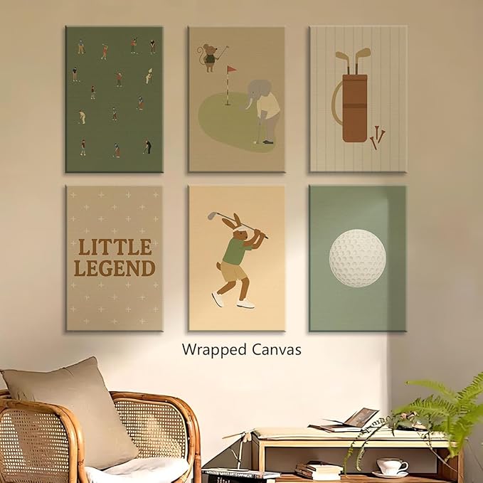 Golf Canvas Wall Art, Baby Boy Nursery Sports Posters, Animal Athletes Elephant Rabbit Pictures, Little Legend Charming Quote Print, Kids Bedroom Golf Course Wall Decor 8x12in Framed