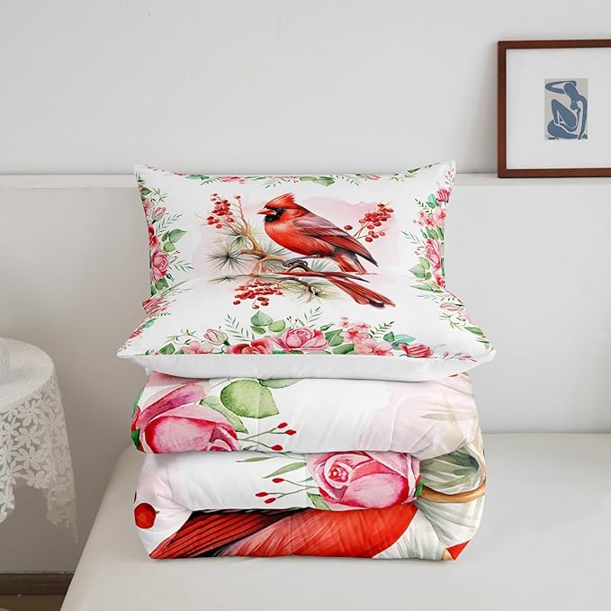 Castle Fairy Red Bird Comforter Set Twin Size,Watercolor Cardinal Berry Christmas Bedding Set for Kids Boys Men,Pink Floral Green Plant Painting Quilted Duvet Set with 1 Pillowcase