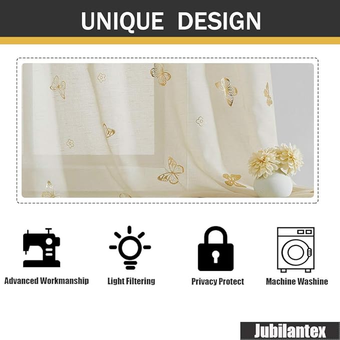 Jubilantex Butterfly Sheer Curtain Panels for Girls Nursery Bedroom, Toddler Gold Print Linen Textured Voile Farmhouse Rod Pocket Window Drapes 95 Inch for Kids Room, 2 Panels, Ivory/Beige