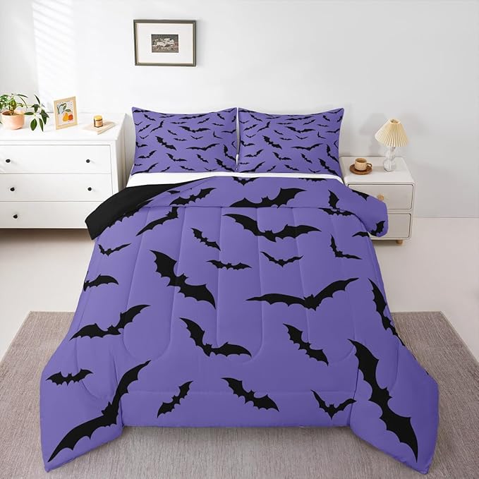 Erosebridal Purple Halloween Bedding Set Spooky Bats Comforter Set Queen,Horror Halloween Decorations Quilt for Kids Boys Girls Adults Gothic Flying Bat Silhouette Duvet Insert,Goth Bedroom Decor