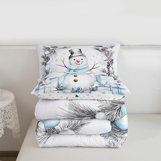 Feelyou Merry Christmas Kids Comforter Set Queen Size Cute Snowman Bedding Set Duvet Quilt for Kids Boys Girls Bedroom Snowflake Decor Microfiber Ultra Soft Breathable