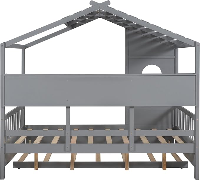 Harper & Bright Designs Full Size Modern House Bed with Roof, Wooden Twin Kids House Bed Frame with Trundle and Storage Shelf, Gray