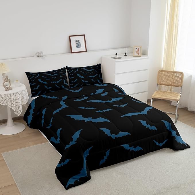 Erosebridal Halloween Decor Bedding Set for Kids Boys Youth Turquoise Bats Comforter Set King Size Gothic Spooky Quilt Happy Holiday Style Duvet Insert with 2 Pillow Cases,Black