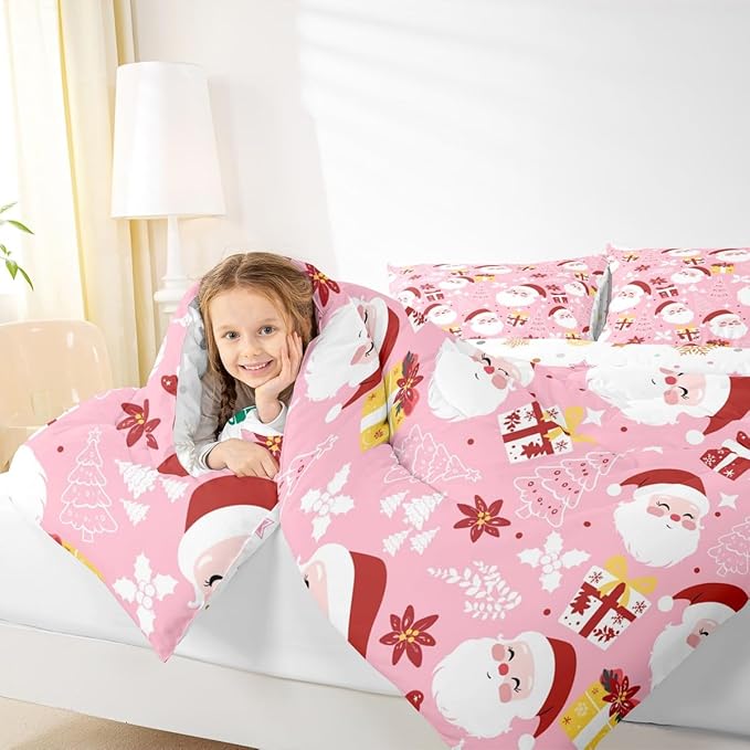 jejeloiu Santa Claus Comforter Set Twin Size Merry Christmas Bedding Set for Kids Boys Girls Xmas Themed Duvet Quilt Pink Bedroom Decor