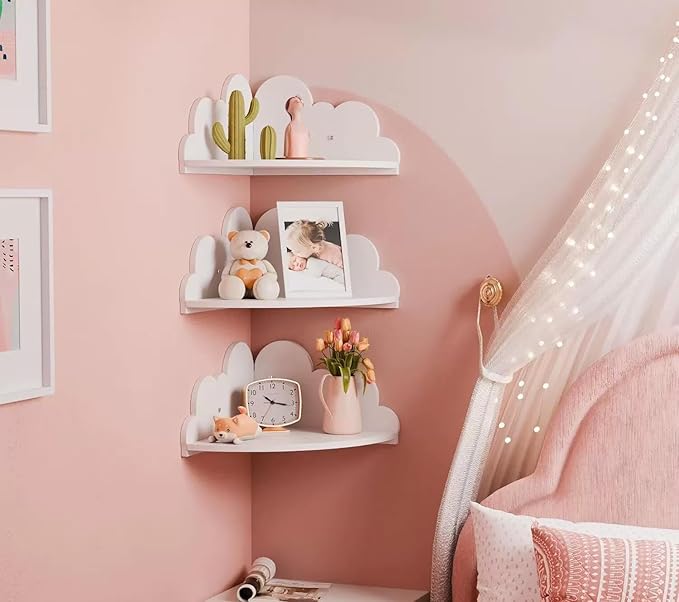 Cloud Wall Shelf Set of 3 Corner Hanging Shelf Nursery Book Shelf, Scalloped Design, Safe and Non-Toxic Sheet Wall-Mounted Background for Kids Bedroom, Toddler Room, Baby Room Decor