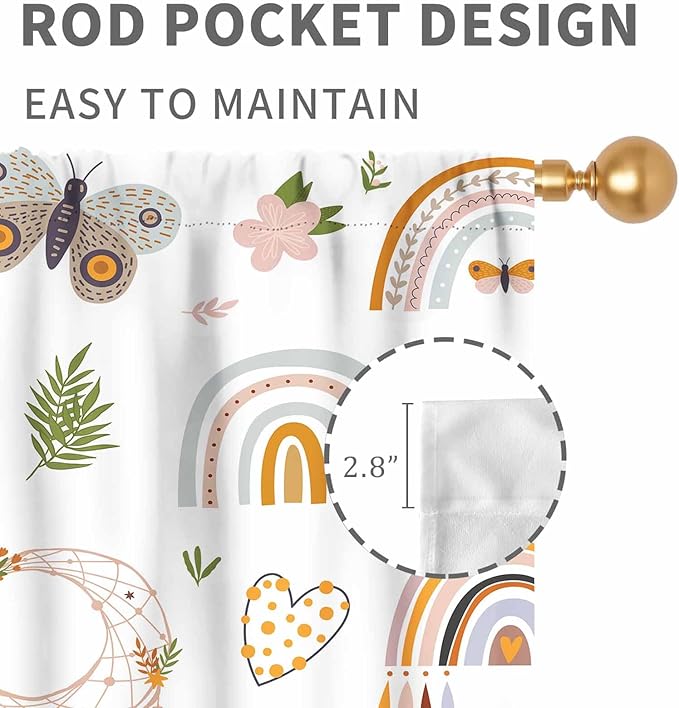 Boho Rainbow Curtains for Girls Bedroom, Bohemian Cute Lovely Butterfly Floral Rainbow Print Pastel Baby Kids Girls Bedroom Living Room Nursery Playroom Classroom Curtains for Windows, 42"x54" Inch