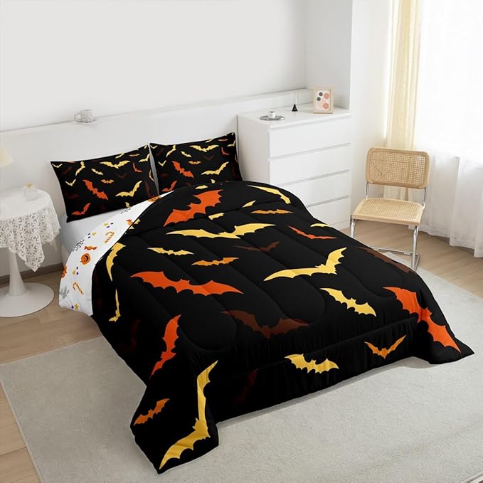 Erosebridal Bat Comforter Set for Kids Halloween Quilt Bats Animal Silhouette Bedding Set Toddler Size Happy Holiday Gothic Style Bedding Comforter Sets with 1 Pillow Case,Yellow and Orange