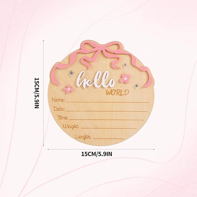 Hello World Newborn Sign, Wooden Pink Bow and Flower Baby Birth Announcement Board Newborn Welcome Sign for Nursery Home Hospital Decor Photo Props