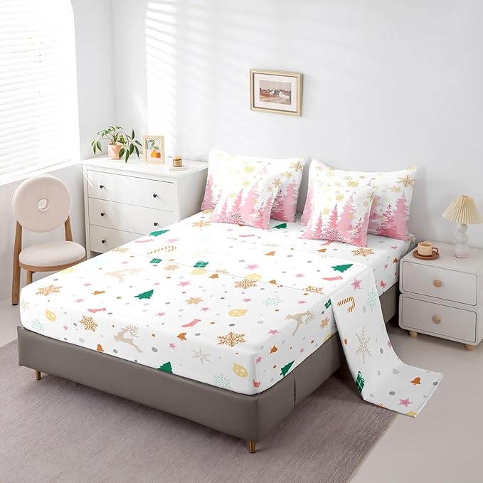 Feelyou Christmas Tree Bed Set for Children Kids Boys Girls Luxury Chic Xmas Theme Bed in a Bag Glitter Snowflake Comforter Set with Sheets Pink Room Decor Bedding Set Queen Size