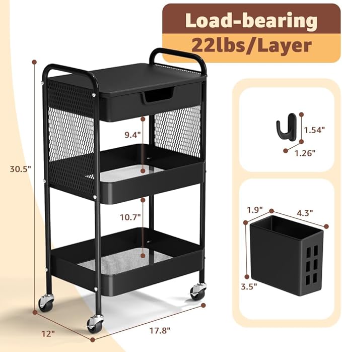 3 Tier Rolling Cart with Drawer, Metal Rolling Utility Cart on Wheels with Pegboard, Art Cart Storage Organizer with Tabletop for Living Room, Office, Bedroom (Black)
