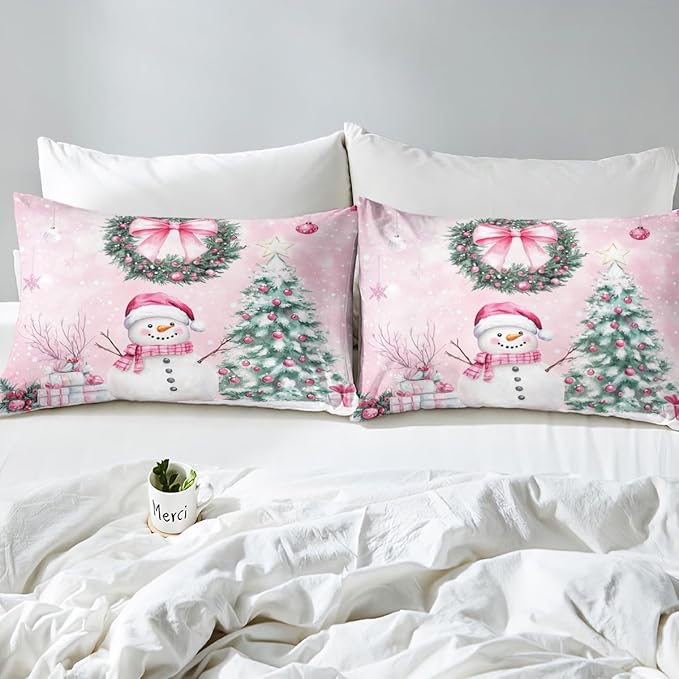 Manfei Christmas Kids Duvet Cover Set Queen Size, Cute Snowman Xmas Tree Bedding Set for Boys Girls Adults, Pink Bowknot Xmas Comforter Cover, Soft Polyester Quilt Cover, 2 Pillowcases, No Comforter