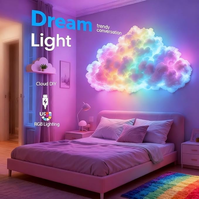 LED Cloud Light with Music Rhythm,DIY USB-Powered Thundercloud LED Light Decor for Bedroom & Gaming Room - USB Powered,Vibrant Glow, No Drill Roof for Christmas/New Year Gifts (6.56ft)
