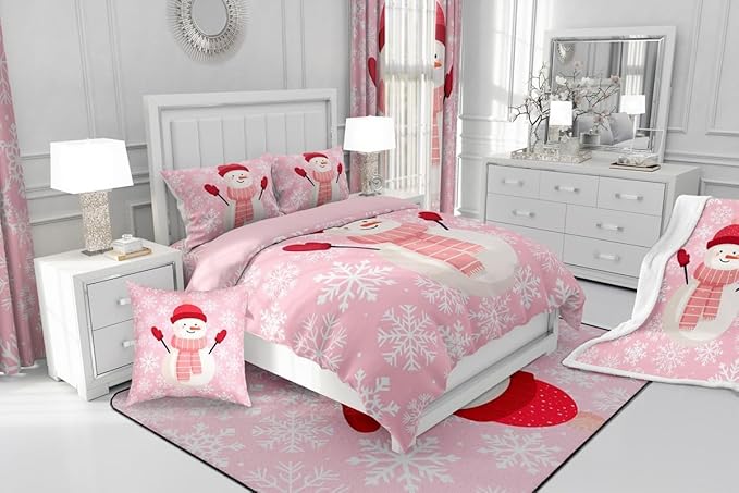 Feelyou Christmas Bedding Set Soft for Boys Girls, Snowman Pink Comforter Set King Size Xmas Snowflakes Duvet Quilt Microfiber Winter Snow Bedroom Decor 3 Pcs with 2 Pillow Cases