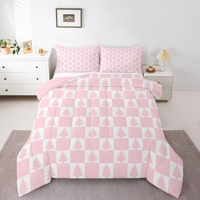 Feelyou Christmas Bedding Set Soft for Boys Girls, Checkered Comforter Set Twin Size Christmas Tree Duvet Quilt Microfiber Xmas Decorations Bedroom Decor Pink 2 Pcs with 1 Pillow Cases