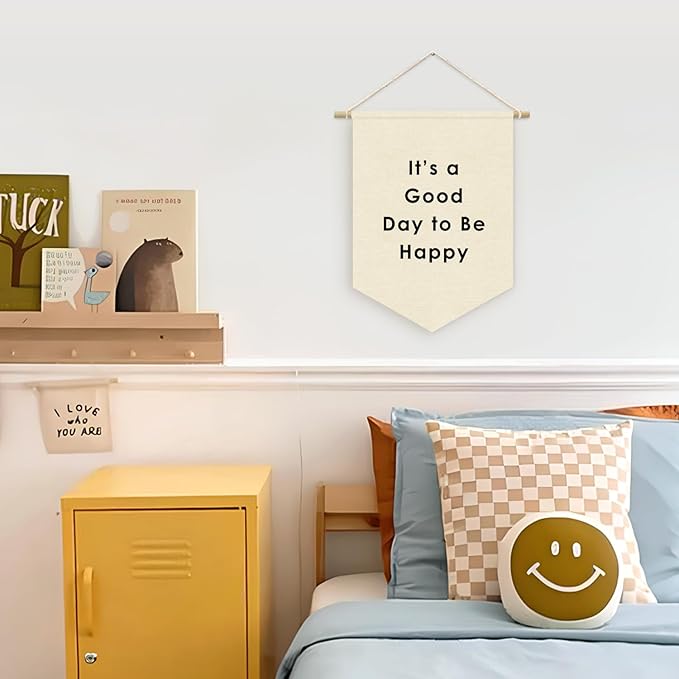 It's a Good Day to Be Happy Canvas Banner Flag - Inspirational Wall Decor for Kids Nursery, Toddler Reading Corner Nook Classroom Library, Wall Hanging Pennant Flag 15x11in