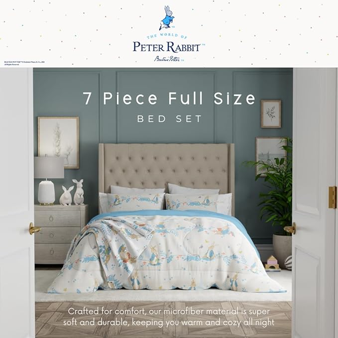 Franco Peter Rabbit Kids Bedding Super Soft & Cozy Reversible Microfiber Comforter and Sheet Set with Sham, 7 Piece Full Size, (Officially Licensed Product)